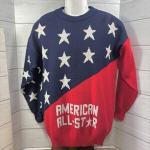 Wear A Knit Vintage Mens Size Large All American Star Patriotic Sweater Blue Red